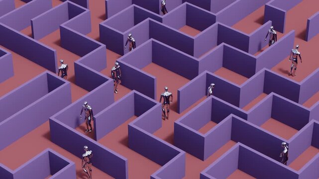 3d animation of seamless conceptual video loop of a polished chrome human figure endlessly navigating a labyrinthine elevated platform maze of choice-making paths