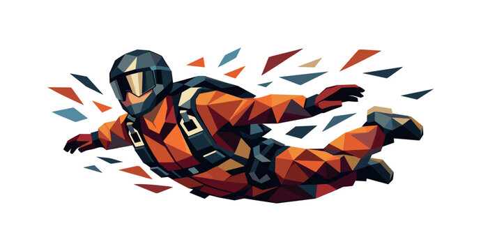 Geometric skydiver in orange suit freefalling with abstract colorful shards trailing behind