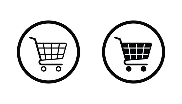 Shopping cart icons within circles outline and solid fill vector graphics for e-commerce buttons and navigation elements
