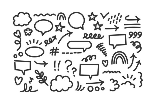 A collection of hand drawn chat and social media icons, including speech bubbles, stars, and arrows on a white background. Ideal for marketing, advertising, and social media campaigns