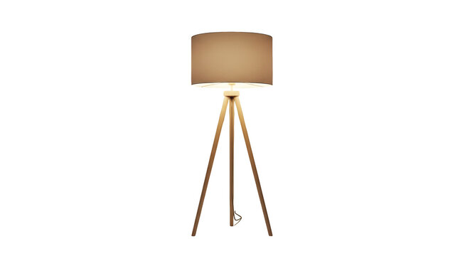 Tall wooden tripod floor lamp with a cylindrical fabric shade emitting warm light, isolated on transparent background