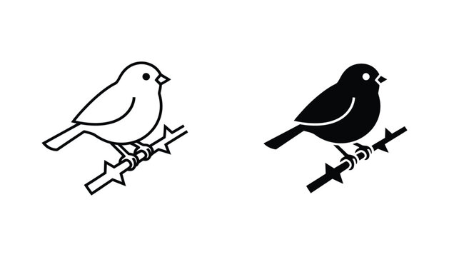 Simple line art and solid silhouette of a small bird perched on a barbed wire fence for a minimalist graphic design concept