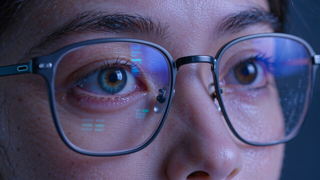 Close up of eyes behind glasses with screen reflection