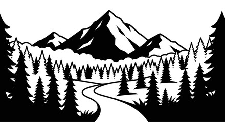 Black and white mountain landscape with forest and winding river. © Ghushun_Ni'amillah