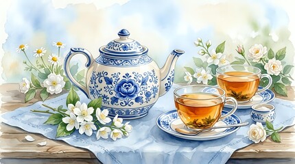 Fototapeta premium Watercolor tea set with blue and white porcelain teapot, two cups of tea, and white jasmine flowers on a wooden table.