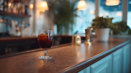 Naklejka premium A richly colored cocktail rests on a polished bar counter in a dimly lit sophisticated lounge setting