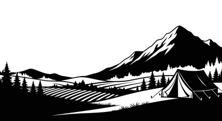 Black and white camping tent landscape illustration. © Ghushun_Ni'amillah