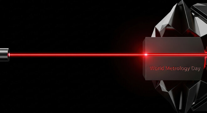 Abstract laser beam illuminating the text "World Metrology Day" with a dramatic mood against a dark background for promotional material.