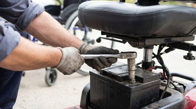 Mechanic hands using a socket wrench to repair or replace the battery on an electric mobility scooter