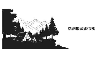Camping adventure illustration featuring a tent in the mountains. © Ghushun_Ni'amillah