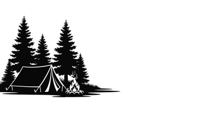 Black and white illustration of a camping tent and campfire in a pine forest. © Ghushun_Ni'amillah