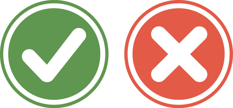 Checkmark and cross icon set, collection of green checkmarks and red x symbols for decision making approval rejection and user interface graphics.