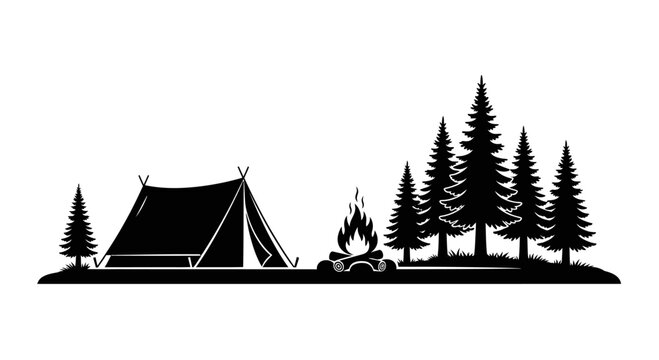 Black silhouette illustration of a tent and campfire in a forest.