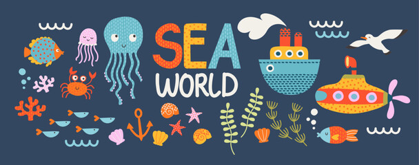 Sea World Kids Banner with Cute Marine Life. Vector Illustration of Ocean Creatures, Octopus, Jellyfish, Fish, Crab, Ship, Submarine and Seagull on Dark Blue Background. © AnnRozz