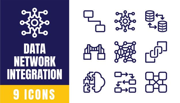 Data Network and Integration Line Icons Set &mdash; Node Connection, Database Link, AI Brain, Data Flow, System Architecture Vector