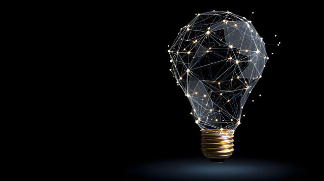 A digital wireframe light bulb that is made up of interconnected nodes and lines and symbolizes innovation and ideas on a dark background.