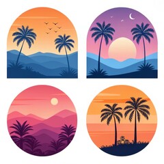 Obraz premium Four illustrations of tropical landscapes with palm trees and colorful skies at different times