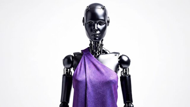 robot industry model clothing parade innovation fashion character walking isolated black white background bot