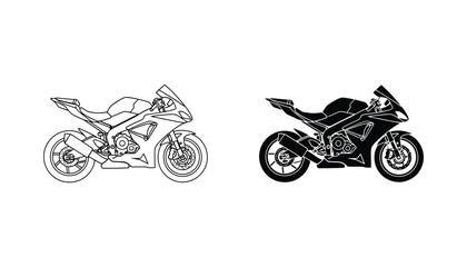 Fototapeta premium Sport motorcycle outline and solid silhouette icons representing speed power and adventure isolated on white background