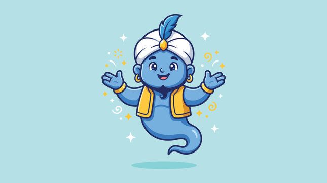 Cute blue genie cartoon character illustration.