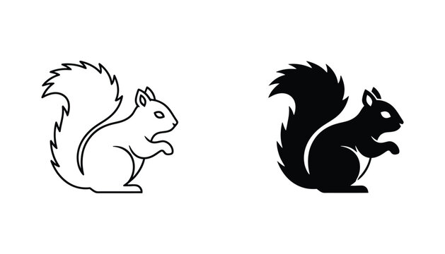 Stylized squirrel outline and solid silhouette icons representing wildlife and nature concepts isolated on white background