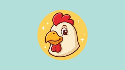 Cute cartoon chicken head mascot illustration in a yellow circle. © NFS Studio