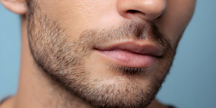 A close-up of a young Caucasian male adult with light stubble, a defined jawline, and neutral lips in a blue background with skin texture details and gentle directional lighting.
