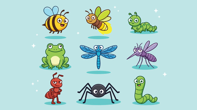 Set of cute cartoon insects and small animals characters.
