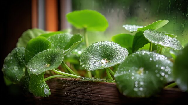 Close-up of lush green hydrocotyle plant leaves covered in water droplets on a windowsill