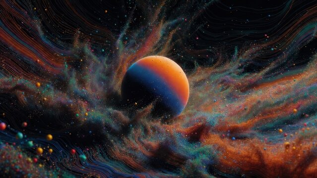 Planet hovering amid swirling gas in cosmic space nebula