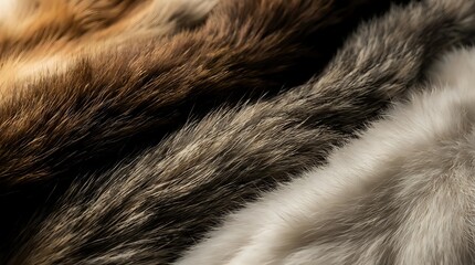 Fototapeta premium Soft animal fur texture close-up showing brown, gray and white tones, natural fluffy surface for fashion, textile, and luxury design backgrounds.