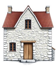 Obraz premium Rustic ashlar stone cottage facade with red terracotta tiles and chimney stack