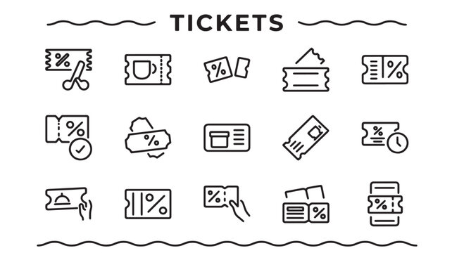 Discount Ticket Line Icons Set for Event Promotion and Retail Sales