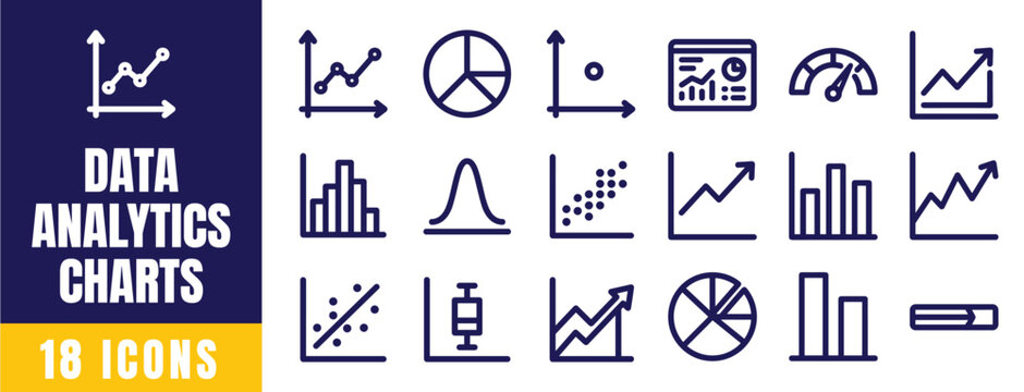 Data Analytics and Charts Line Icons Set &mdash; Dashboard, Bar Graph, Pie Chart, Bell Curve, Gauge Meter Vector Illustration