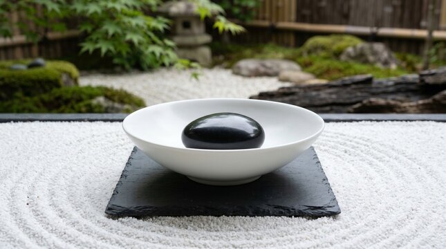 Zen Garden Raked Sand White Gravel Black Stone White Bowl