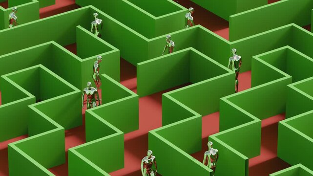 3d animation of metallic figures walks endlessly through a structured maze for VJ sets, high-tech club visuals,  electronic music festivals, stage screens and for LED video walls