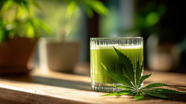 Refreshing Green Cannabis Infused Beverage in Glass with Leaf Garnish on Wooden Table