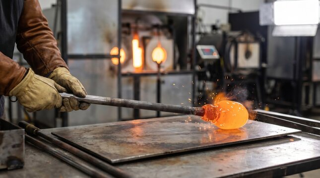 Glassblower wearing protective leather gloves using a metal blowpipe to shape glowing orange molten glass on a steel table