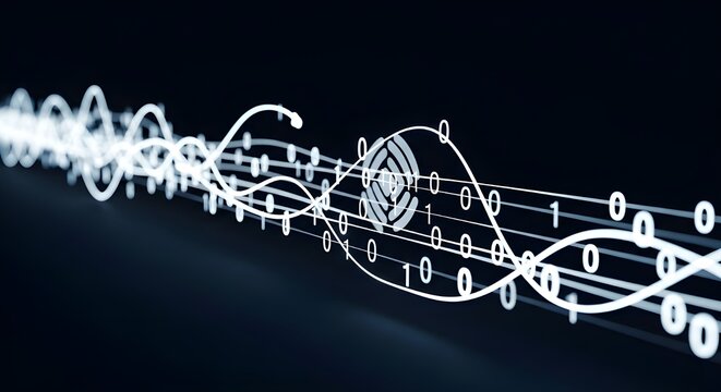 Abstract digital data stream with binary code and sound wave visualization