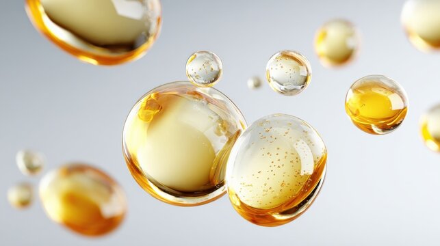 Close up of golden oil droplets and bubbles, abstract liquid science and beauty concept
