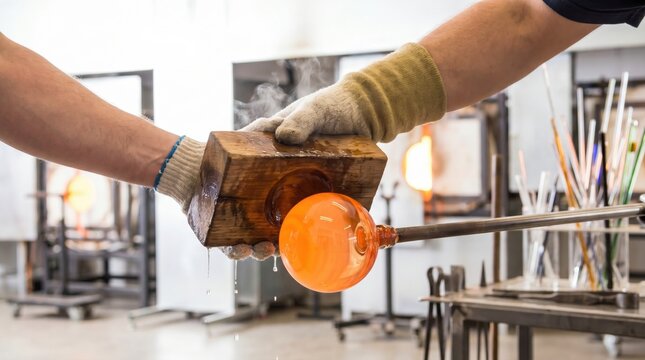 Two glassblowers working together, one hand shaping a glowing orange glass bubble with a wet wooden block while the other turns the blowpipe