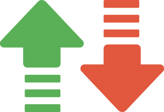 Up and down arrow icon set, collection of green upward and red downward arrows with line accents for financial trends data visualization and UI design.