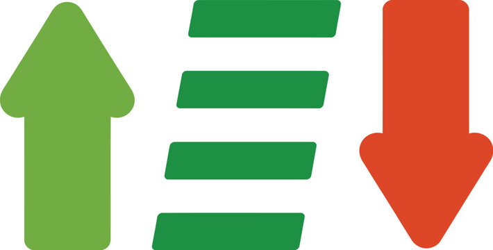 Up and down arrow icon set, vector illustration of green up arrow and red down arrow with horizontal lines for analytics growth decline and performance tracking design.