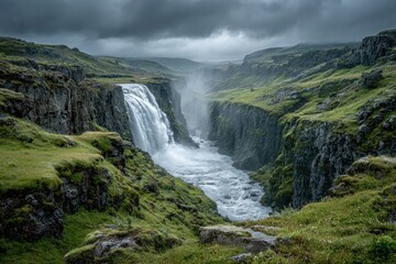 Fototapeta premium Iceland Waterfall In Summer Green Powerful Dramatic