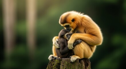 Fototapeta premium Mother Gibbon Monkey Tenderly Hugging Her Baby Sitting on Tree Stump in Forest Nature Wildlife Photo