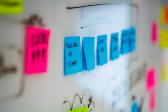 Business & Strategy: Close-up of a person brainstorming and planning a project with post-it notes in an office.
