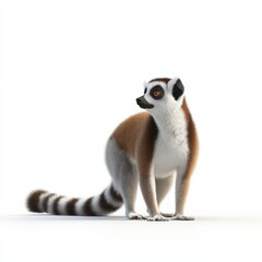 Fototapeta premium Ring-tailed Lemur standing with characteristic striped tail, isolated on a clean white background
