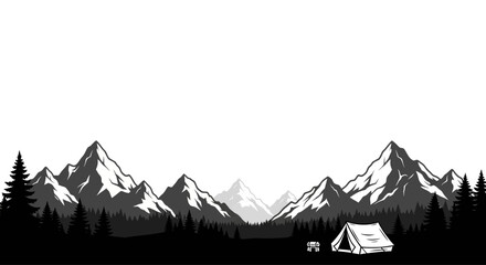 Black and white mountain landscape illustration with a camping tent in the foreground. © Dary_Hamidudin