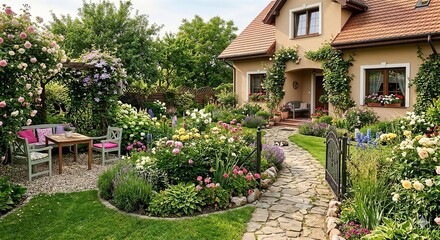 Beautiful cottage garden with blooming flowers and a cozy house.