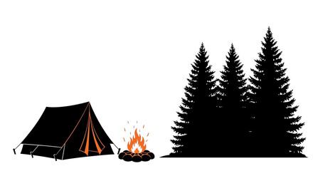 Camping scene with tent and bonfire near evergreen forest silhouette. © Dary_Hamidudin